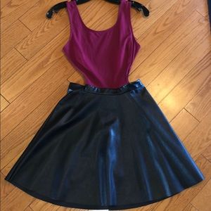 Open-back maroon top & leather skirt dress